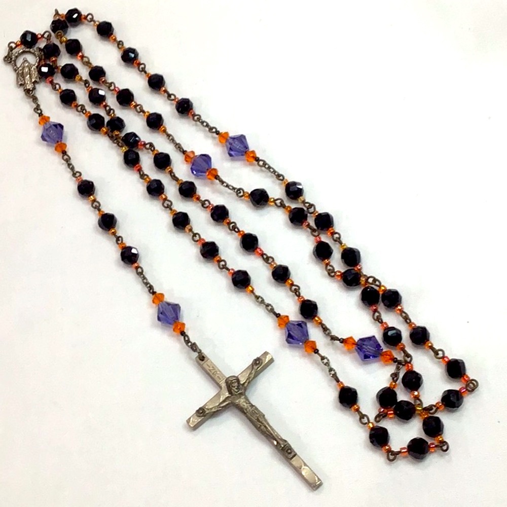 Rosary Red, orange & blue glass beads, silver cross